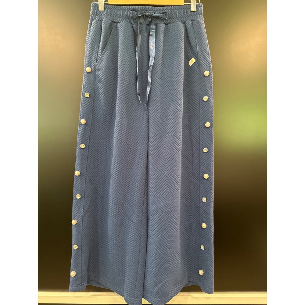 Simply Southern Deep Sea Blue Quilted Wide Leg Pants Pearl Rhinestone Medium NEW